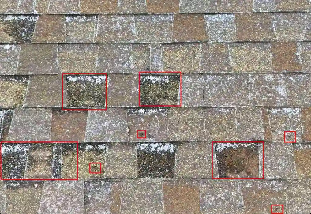 Hail damage roof highlighted in red boxes on shingles