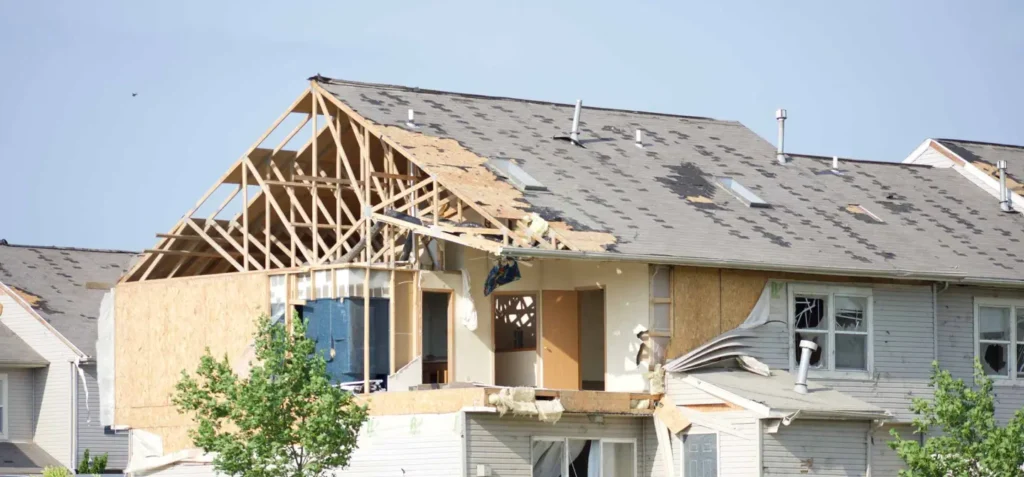 Severe weather roof inspection needed on this wrecked residential roof