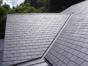 A close-up view of a gray slate tile roof with a valley joint, showcasing one of the best roofing materials Fort Worth homeowners choose, surrounded by trees in the background.