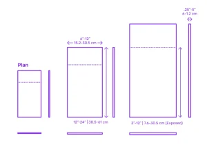 Diagram shows three rectangular plan views with dimensions in inches and centimeters, illustrating varying widths, heights, and exposure measurements for a slate roof tile.