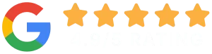 Google logo next to five gold stars and text that reads "4.9/5 rating" for roofer.com.