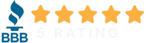 Blue BBB torch logo next to four gold stars and the words "B RATING" in bold white letters on a transparent background—perfect for roofers or roofer.com profiles.