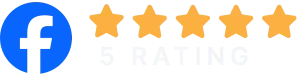 Facebook logo next to four yellow stars and the text "5.0 RATING" in block letters on a grey background, highlighting top-rated roofers.