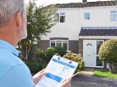 A roofer holding a clipboard with a work estimate form stands outside a suburban house, inspecting the front of the property.